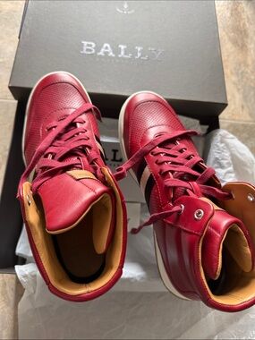 Bally Red High-Top Leather Sneakers with Tan Lining